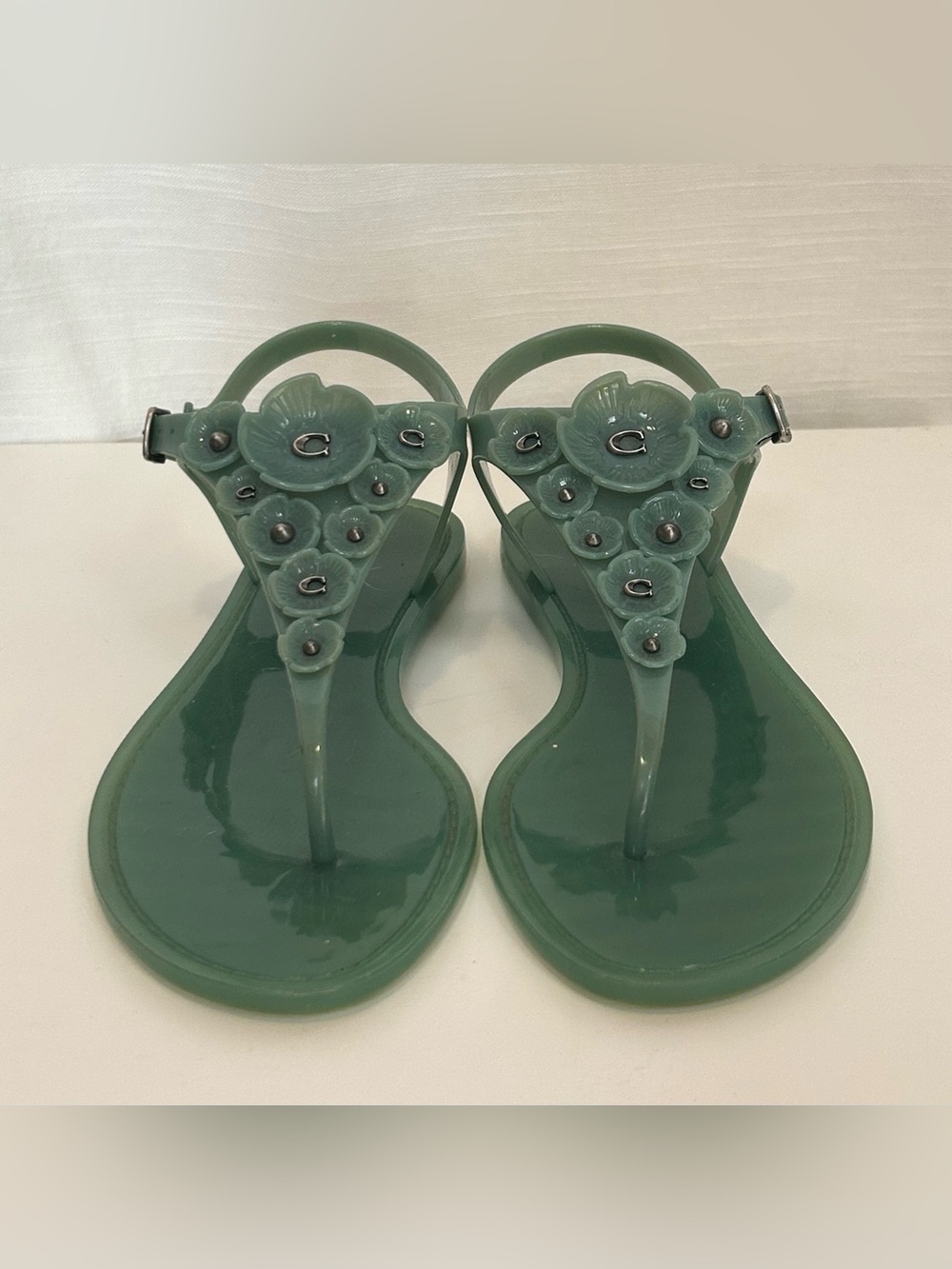 Coach Green Floral Jelly Thong Sandals w/Coach Signature C's and Flowers